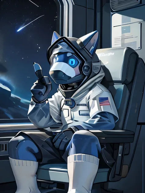 furry, dark blue cat, light blue eyes, wears a NASA astronaut outfit, the setting is a space with stars and planets, there are shooting stars, a defective robot mask, his body is robotic, part of his body has electrical cables, but part of his body is also...