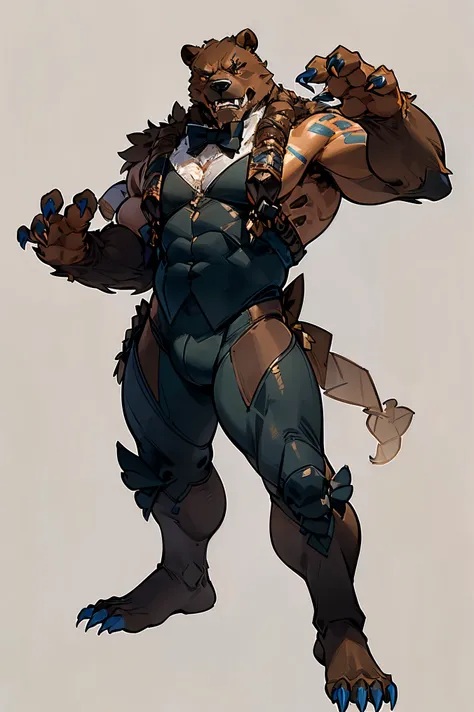 (best quality, masterpiece:1.2), 1man, werebear, ((full body)), standing, fighting stance, ((ferocious face)), ((thick brown fur...