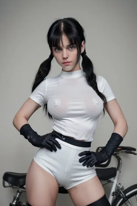 masterpiece, best quality, highres, videl2, solo, blue eyes, black hair, twintails, black gloves, bike_shorts, bangs, white shirt, badge, medium breasts, cowboy shot, frown, hand on hip, leaning forward, pointing at viewer,