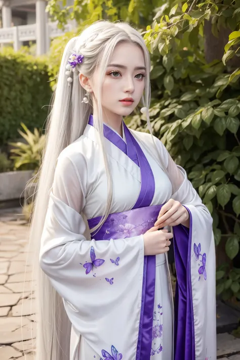 1 girl, solo, long white hair, shiny green eyes, detailed eyes, blink and youll miss it detail, silk hanfu, white robe hanfu, purple glittering butterflies, outdoors, flower garden, high quality, ancient chinese hanfu, floral background, very detailed