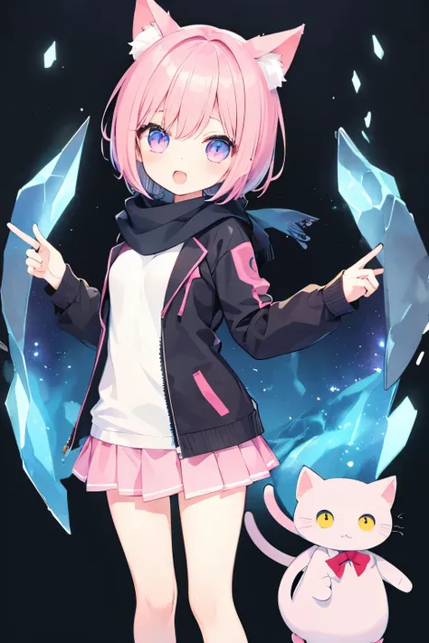 Very beautiful and shining eyes、shining eyes、((1 girl))、small breasts、big mouth、high school girl、small breasts、Cat ear、Transparent pink short hair、scarf、hot pants、transparent clothes、childish clothes、7 year old girl