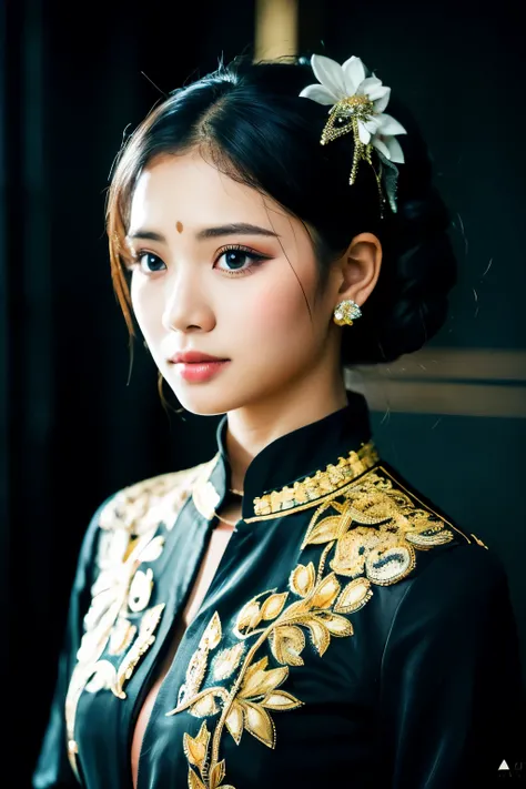 a woman, solo, photography, symmetrical front view portrait of a young  man wedding black dress java, ornament, ornate, detail, realistic, black background wearing kebaya, Indonesian, blangkon, winking,blangkon,kebaya