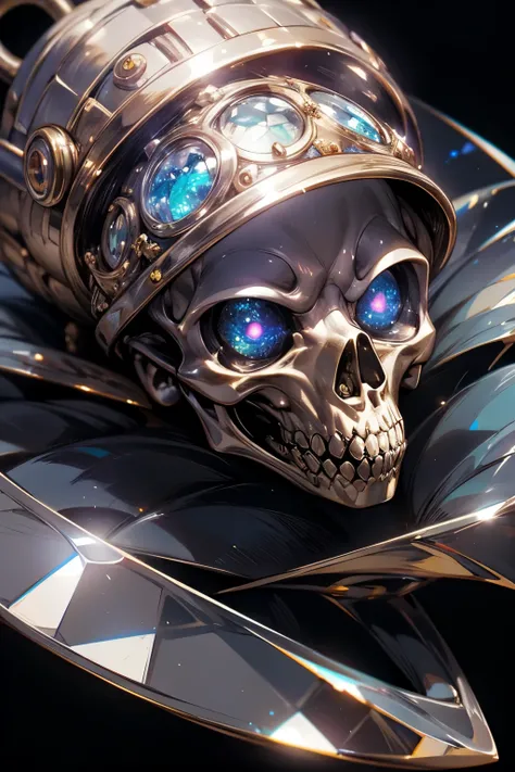 Skull made of clear, glittering jewels,--no Grotesque,--no steampunk A large brilliant cutdiamond is embedded in the eye socket A large brilliant cut diamond is set in the eye socket, bright and clean,bright background,