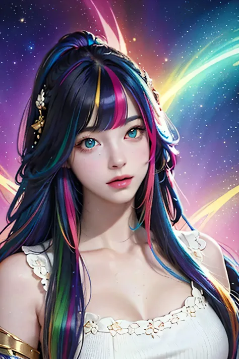 {{masterpiece}}, highest quality, Highly detailed CG Unity 8K wallpaper, cinematic lighting, Lens flare, Beautiful eyes in every detail, black,  sideways glance,  multicolored hair, colorful light, particle, heterochromia, (colorful:1.5), (colorful hair:1....