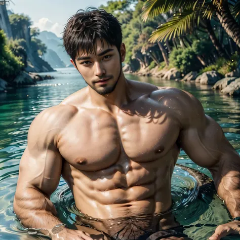 Tall naked man with beard and muscular lying on a body of water, muscular male, muscles, good quality, in water, sexy male, hot man, (best quality:1.5, hyperrealistic:1.5, photorealistic:1.4, madly detailed CG unity 8k wallpaper:1.5, masterpiece:1.3, enthu...