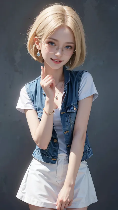 highest quality, High resolution, AND18, 1 girl, android 18, alone, blonde hair, blue eyes, short hair, earrings, jewelry, denim dress, open vest, white t-shirt，Damaged mini denim skirt､wearing sunglasses，small breasts,best smile：1.5