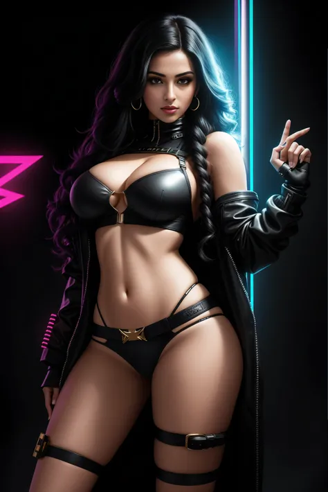 there  a Persian woman standing, long curly hair, 3 d neon art of a womans body, neon-noir background, cyberpunk femme fatale, seductive cyberpunk dark fantasy, cyberpunk strip clubs, cyberpunk 20 y. o model girl, oppai cyberpunk, banner, high definition c...