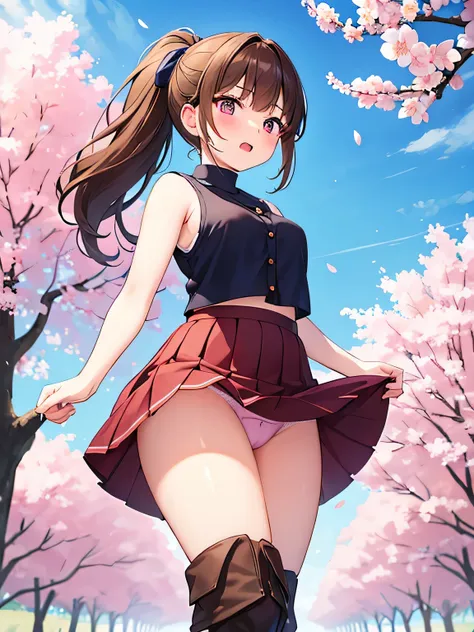 (Masterpiece, highest quality, high resolution, realistic photo, realistic looking skin:1.1),
(Woman standing or walking in a park lined with cherry blossom trees:1.5),
(Skirt billowing in the wind: 1.8),
(hand holding down her skirt: 1.8),
(Panties fully ...