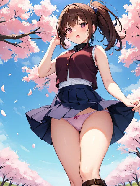 (Masterpiece, highest quality, high resolution, realistic photo, realistic looking skin:1.1),
(Woman standing or walking in a park lined with cherry blossom trees:1.5),
(Skirt billowing in the wind: 1.8),
(hand holding down her skirt: 1.8),
(Panties fully ...