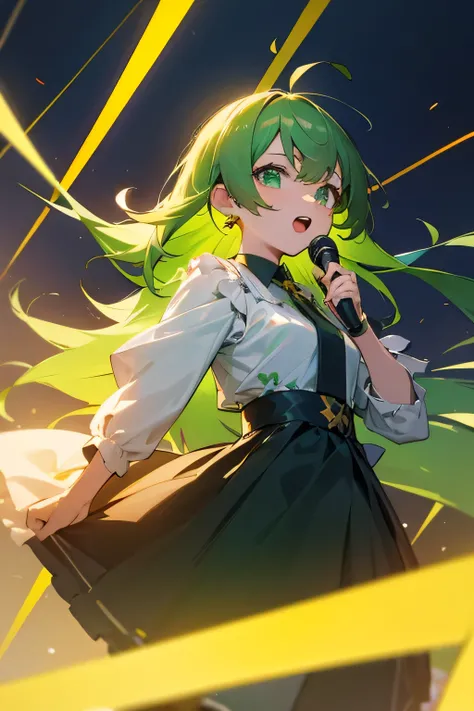 (masterpiece、highest quality)、VTUBER idols are singing songs、facing the front、green hair