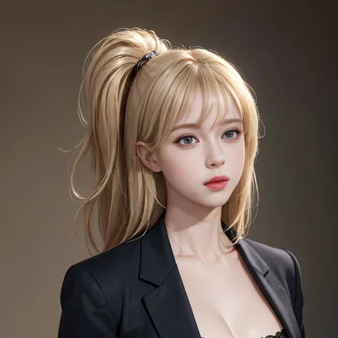 (8K, Raw photo, highest quality, masterpiece:1.2), (realistic, photo-realistic:1.37), professional lighting, highest quality, work, (realistic: 1,2), 1 girl, blonde, brown eyes, front, detailed face, beautiful eyes，Black tailored jacket over a bare，No bra，...