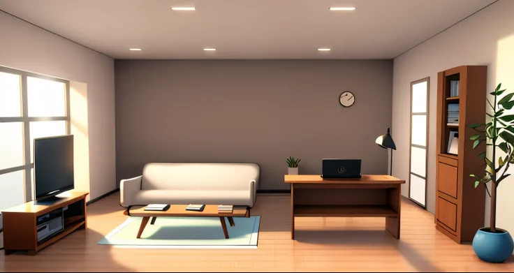 Soft light from a single window、Warm and dark Western-style room、Light beige, brown and white、soft light、Wooden tile floor、Laptop on a wooden desk、bookshelf、tv set、Doctor&#39;s Office、Medical office、3D illustration style、Hospital medical department、Cartoon...