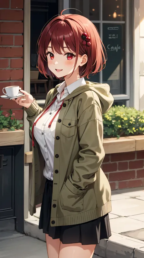 cute,cute,
1 girl, alone,
cranberry hair, pixie cut, bangs, hair ornaments,
red eyes,,
Oversized cardigan with smiling patch pockets and hood,
big breasts,
BREAK The background is a cafe,Gemini,
