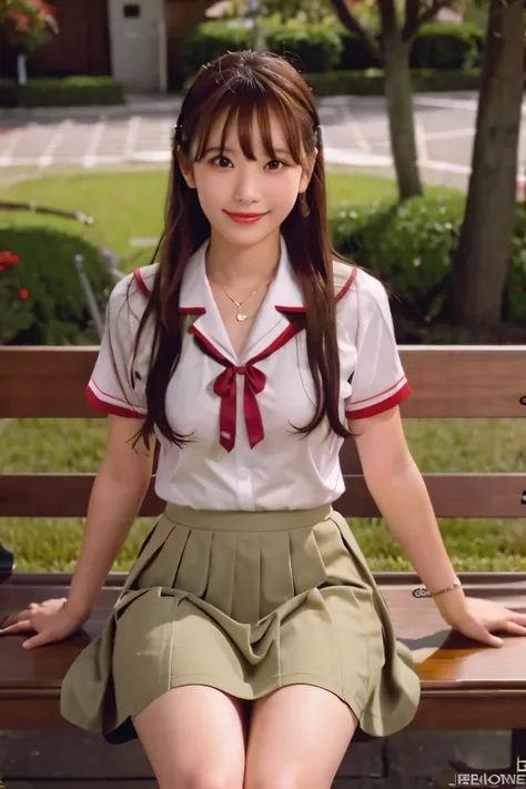 asian woman in uniform sitting on a bench, jk uniform, wearing japanese school uniform, japanese girl uniform, japanese , wearin...