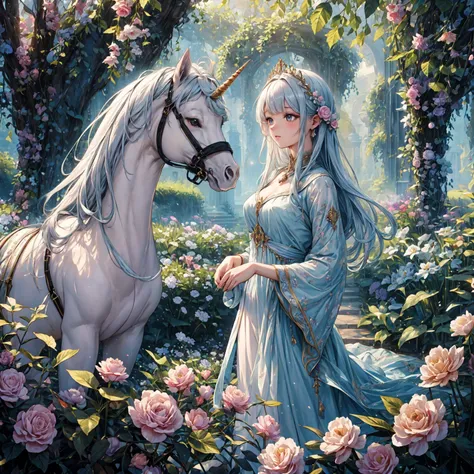 (highres,realistic) a noblewoman and a unicorn, oil painting style, in a lavish garden surrounded by blooming flowers and lush g...