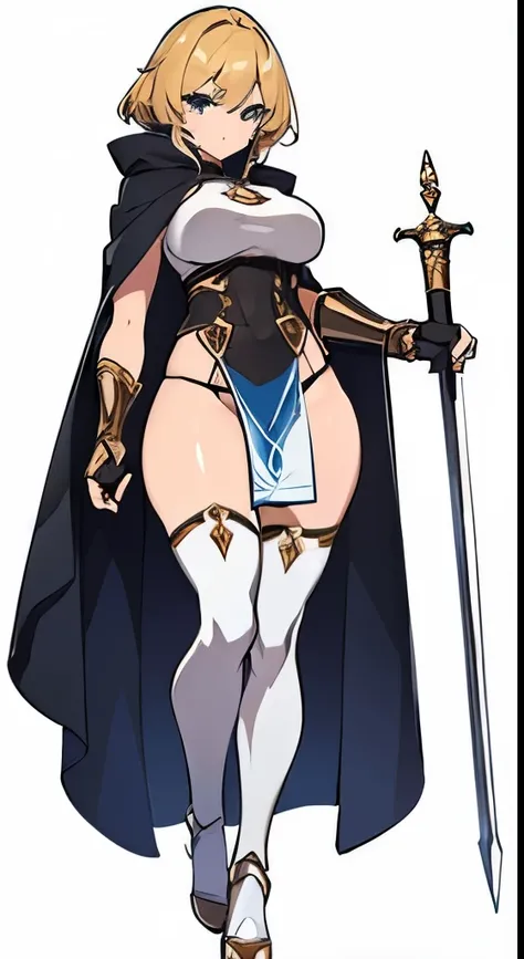 (((Best Quality))) , ((full body)), female, reference sheet, solo, (white background), holding staff or sword, gauntlets, thigh high, loin cloth only, cloak,