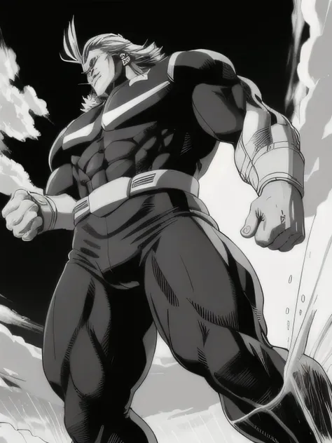 best quality, high resolution, allmight, monochrome manga, black bodysuit, hunk, wet clothes, from below,