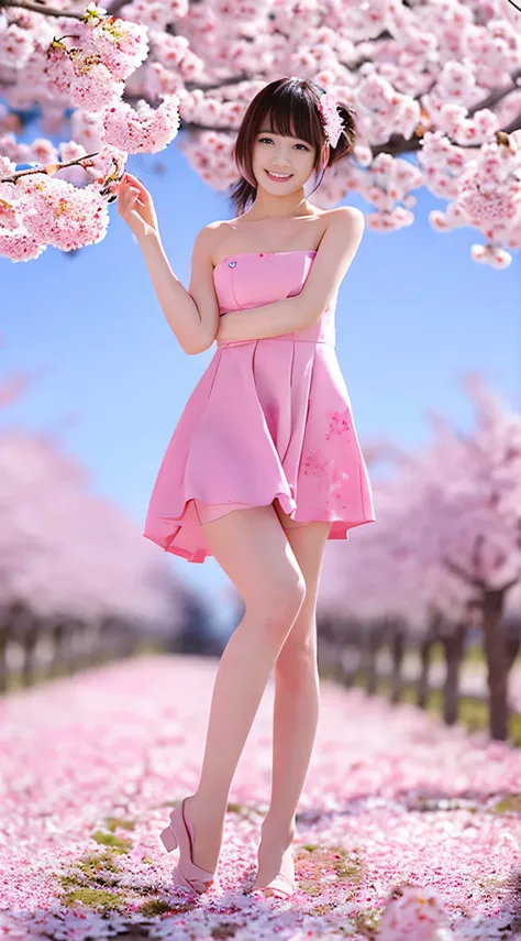 Highest image quality　High resolution　A cute girl is completely naked and doing M-leg spread　Cherry blossom background　