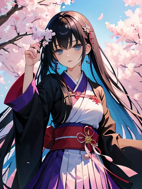 Anime girl ((high quality)), black hair ((high quality)), long hair ((high quality)), blue eyes ((high quality)), background with a purple cherry tree ((high quality)), green grasses with purple flowers ((high quality)), neutral expression ((high quality))...