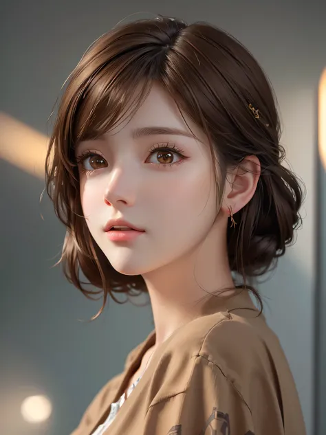 Close up portrait of a woman with brown hair and brown shirt。, cute realistic portrait, Realistic anime 3d style, Photorealistic anime girl rendering, realistic 3d animation, realistic art style, 8K portrait rendering, realistic cute girl drawing, realisti...