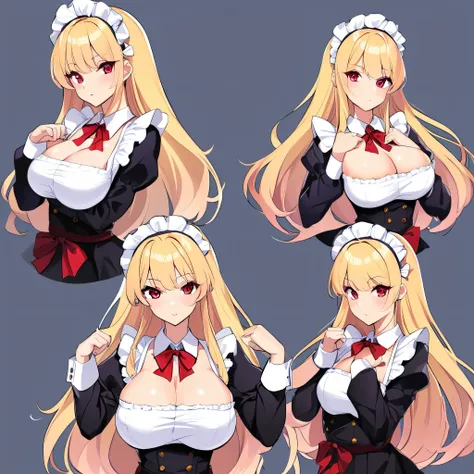 1girl, blonde hair, red eyes, long hair, maid dress, clenching hands together, emotionless, expressionless, looking t the viewer, beautiful eyes, red eyelashes, simple background, character sheet, multiple views, thick outline style, anime style, thick, bi...