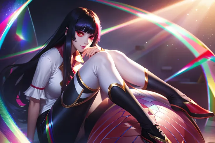 clown,white shirt,(prism magic:1.2), league of legends สแปลชอาร์ต, woman,bangs,black pants,red eyes,sitting on a ball,long black...