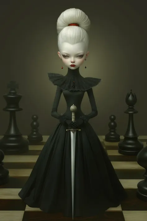 surreal art by ray caesar, an amazing beautiful black queen of chess stands on a chess board, long black dress, ruff collar, whi...