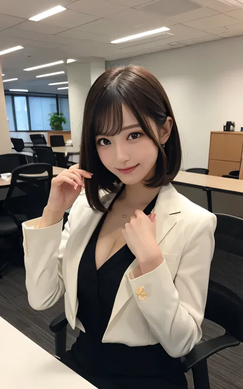 table top, highest quality, figure, Super detailed, finely, High resolution, 8k wallpaper, Perfect dynamic composition figure, detailed and beautiful eyes,suit、suit jacket,bob hair, middle of chest, natural color lip, random sexy poses,smile,20 year old gi...