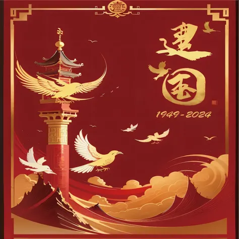 There is a red and gold poster，There is a bird and a pagoda on it, 2024, 2 0 2 3, 2023, 2 0 2 4, 2022, 2 0 2 2, em 2100, Year 2 1 0 0, Inspired by Cao Buxing, Inspired by Dong Yuan, inspired by Dong Qichang