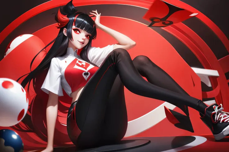 clown,white shirt,(red black magic:1.2), League of Legends สแปลชอาร์ต, woman,Bangs,black pants,Red eyes,sitting on a ball,Long black hair with bangs,top view,(madness:1.2),card,mask