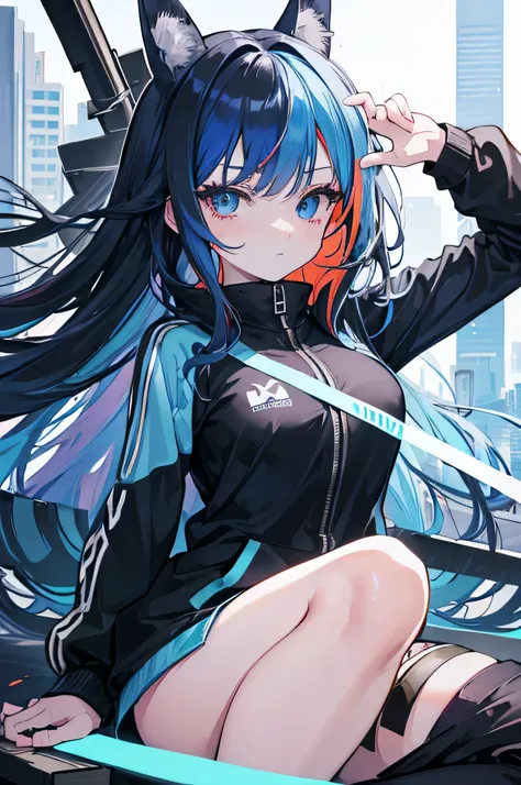 anime,(detailed,beautiful face),(detailed eyes,multi-coloured layer eyes,light blue,shiny big eyes),tied up black long hair,masterpiece,winking at viewer,8k quality,city background,black tracksuit,arms holding sea rail