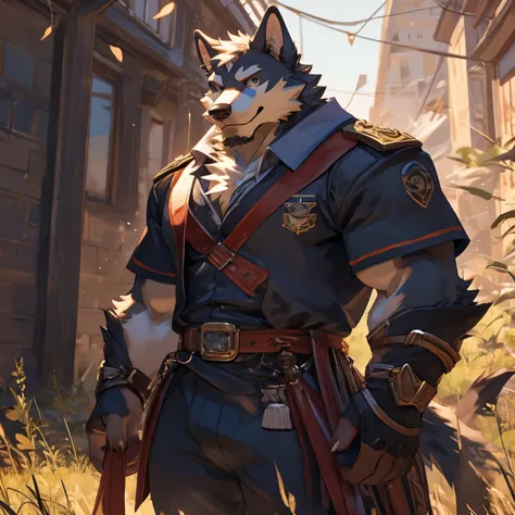 （CG 8k）dog clan，gray fur，very robust，Wear short sleeves and long pants，Strong chest muscles，Strong thigh muscles，Handsome smile，facing the camera，standing on the grassland