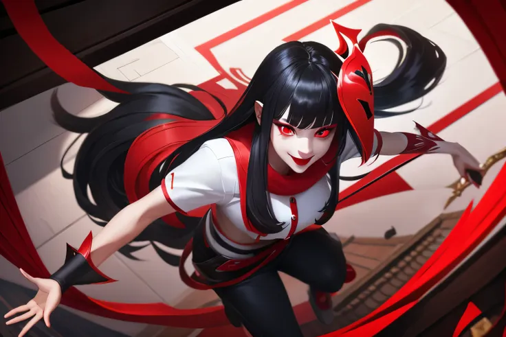 clown,white shirt,(red black magic:1.2), league of legends สแปลชอาร์ต, woman,bangs,black pants,red eyes,ยืนอยู่บนcard,long black...