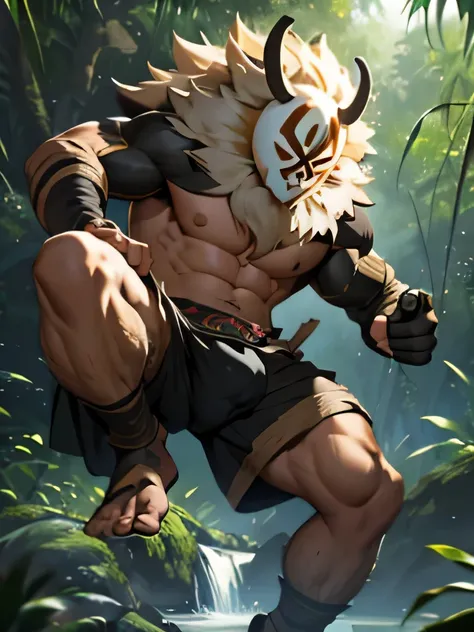 Hilichurl man, masked, hairy, muscular, strong feet, animal skin underwear, bulge, Jungle scenery.