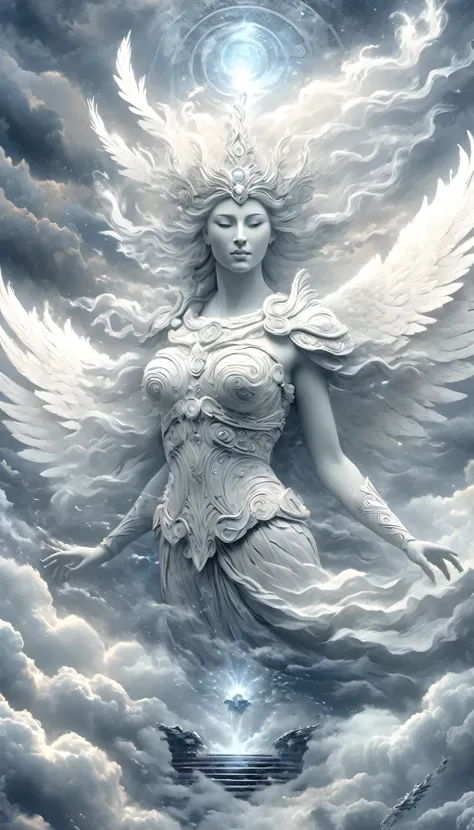 Athena of white color flying through the clouds, intricately sculpted, solarization effect, mixes realistic and fantastical elements, airbrushing, silver, hyper-detailed