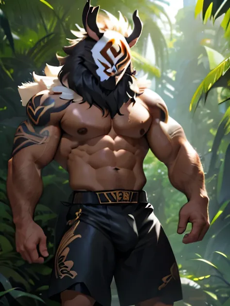 Hilichurl man, black mask, hairy muscular, strong feet, animal skin underwear, bulge, Jungle scenery, tattoo on the body.