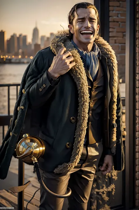 masterpiece, best quality, extremely detailed, hyperrealistic, photorealistic, a cool 40s man, ultra detailed face:1.2, fur-trimmed coat, scarf around the neck, his left hand is a golden pirate hook:1.1, ciger, cityscape, in the night:1.1, laughing