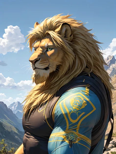 (best quality,4k,8k,highres,masterpiece:1.2),ultra-detailed,(realistic,photorealistic,photo-realistic:1.37),Lion, male, long and blonde mane, blonde chin beard, green eyes, muscular body, tight sports outfit, hiking in the mountains, smiling while looking ...