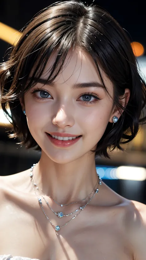 cute 26 year old,1 girl,slim face ,8K,Super realistic image quality,dynamic shadow,sparkling eyes,((Clear black eyes)),((cheerful smile)),((3 ear piercings)),((asian necklace)),clear pale blue eyes,movie theater lighting,((dark back alley)),((City lights))...