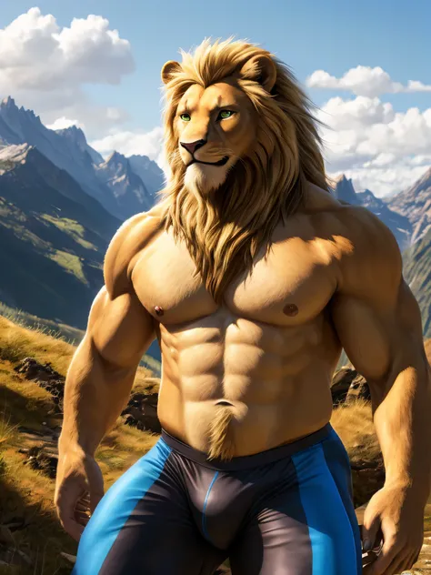 (best quality,4k,8k,highres,masterpiece:1.2),ultra-detailed,(realistic,photorealistic,photo-realistic:1.37),Lion, male, long and blonde mane, blonde chin beard, green eyes, muscular body, tight sports outfit, hiking in the mountains, smiling while looking ...