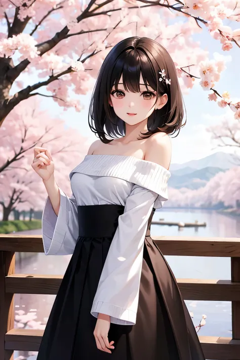 best quality, highres,Slender、brown eyes、tall、black hair、shortcut,straight hair、Cherry blossom viewing、cherry blossoms、white knit、off shoulder、black long skirt、7 life size
