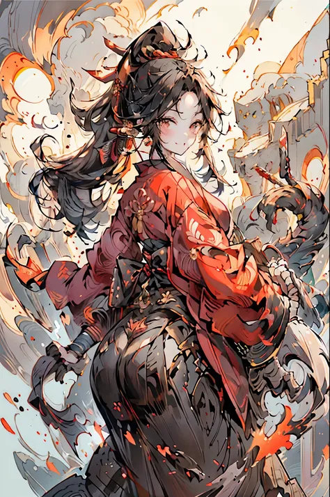 masterpiece,hyper quality, very detailed,perfect drawing,cg,3D,8K,figure,beautiful face girl,one beautiful girl, samurai costume, black hair, ponytail, big red ribbon, kimono, Belt sword, Tachi, Wakizashi, Double Point, Similarly, Japanese armor, Droopy ey...