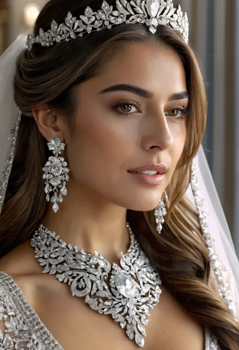 (Best Quality, 4K, 8K, High Resolution, Masterpiece: 1.2), (Super Detailed, Realistic, Photorealistic:1.37), A enchanting scene of a 20yo bride adorned with intricate jewelry, her long hair cascading over her shoulders. The background is a detailed crystal...