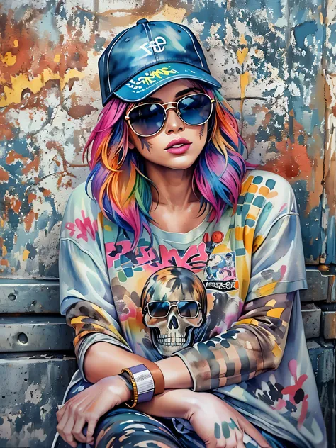 8k quality, watercolor painting, stylish design, (((the strongest beautiful girl of all time))), gal, stylish sunglasses, fashio...