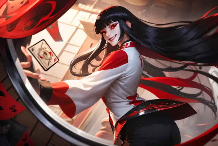 clown,white shirt,(red black magic:1.2), League of Legends สแปลชอาร์ต, woman,Bangs,black pants,Red eyes,ยืนอยู่บนcard,Long black hair with bangs,(madness:1.2),card,mask,Sino roof floor,Omie,mirror,smile,side view,magician