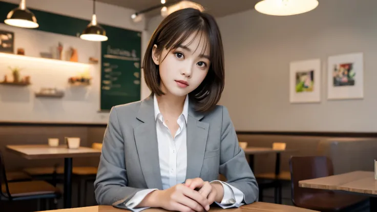 8K, highest quality, real image, intricate details, Super detailed, ultra high resolution, depth field,(realistic,realistic:1.2),table top , front shot , Photographed at a stylish cafe , girl, とても美しい17歳のgirl, innocent big eyes,、highly detailed eyes:1.2)、ba...