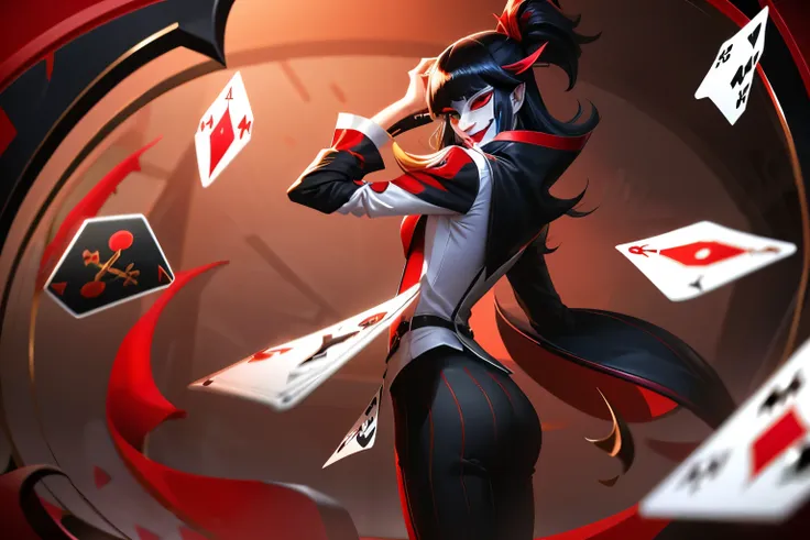 clown,white shirt,(red black magic:1.2), league of legends สแปลชอาร์ต, woman,bangs,black pants,red eyes,ยืนอยู่บนcard,long black...