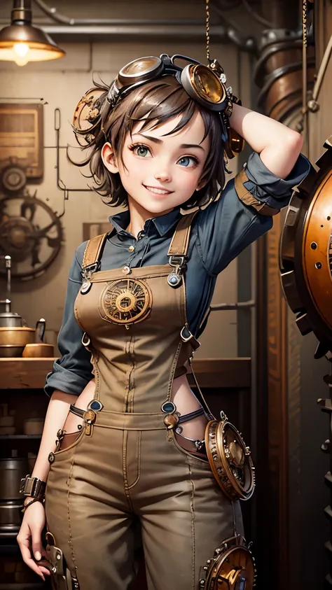 steampunkai。highest quality。masterpiece。detailed details。one girl。Steampunk Engineer。short hair。gray shirt。Dark brown overalls。Holding a giant wrench。bright smile。The background is a design combining multiple gears and shafts.。