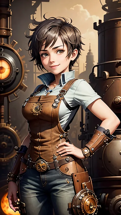 steampunkai。highest quality。masterpiece。detailed details。one girl。Steampunk Engineer。short hair。flat chest。gray shirt。Dark brown overalls。Holding a giant wrench。bright smile。The background is a design combining multiple gears and shafts.。