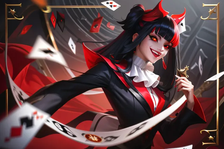 clown,white shirt,(red black magic:1.2), League of Legends สแปลชอาร์ต, woman,Bangs,black pants,Red eyes,ยืนอยู่บนcard,Long black hair with bangs,(madness:1.2),card,mask,Sino roof floor,Omie,mirror,smile,side view,magician,dice,Spades,Poteng,club,cross pyth...